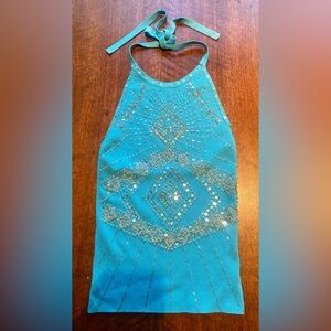 Cache Turquoise Embellished Halter Tank